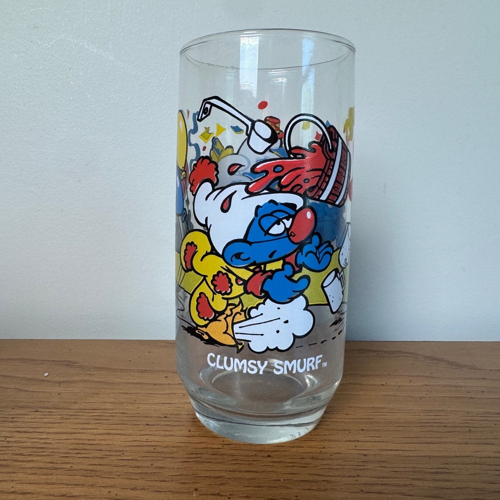 Vintage 1983 Clumsy Smurf Glass Peyo Wallace Berrie Drinking Glass